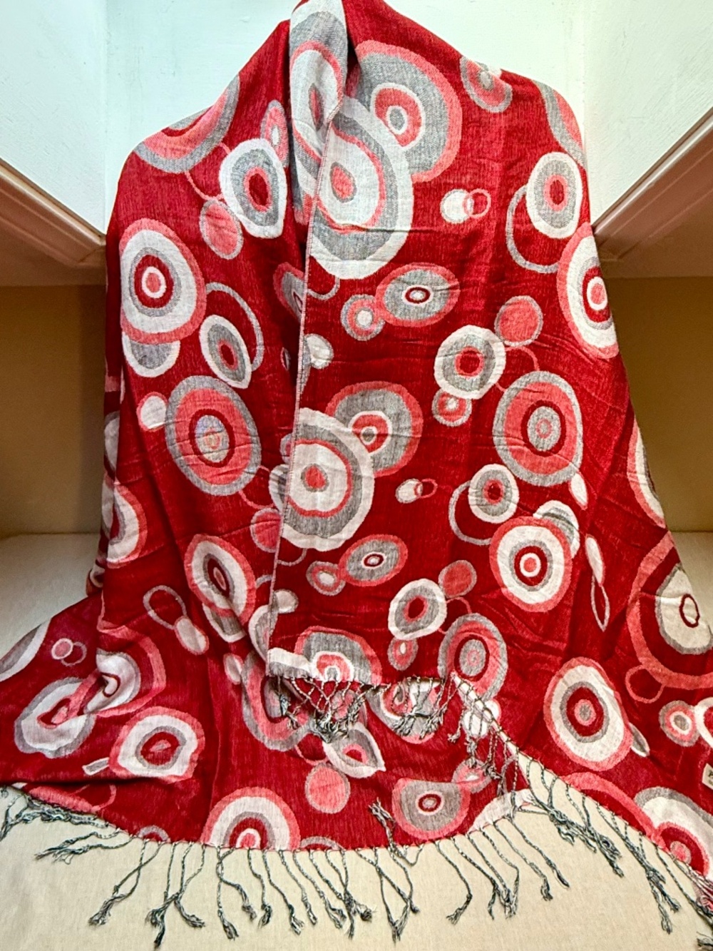 Pashmina and Silk Crimson Red and Silver Wrap Shawl Scarf